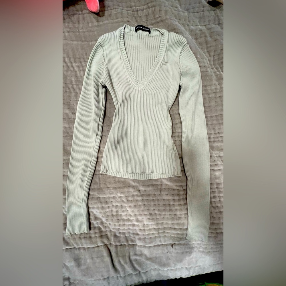 Brandy Melville Long Sleeve Sage Green V-Neck Top